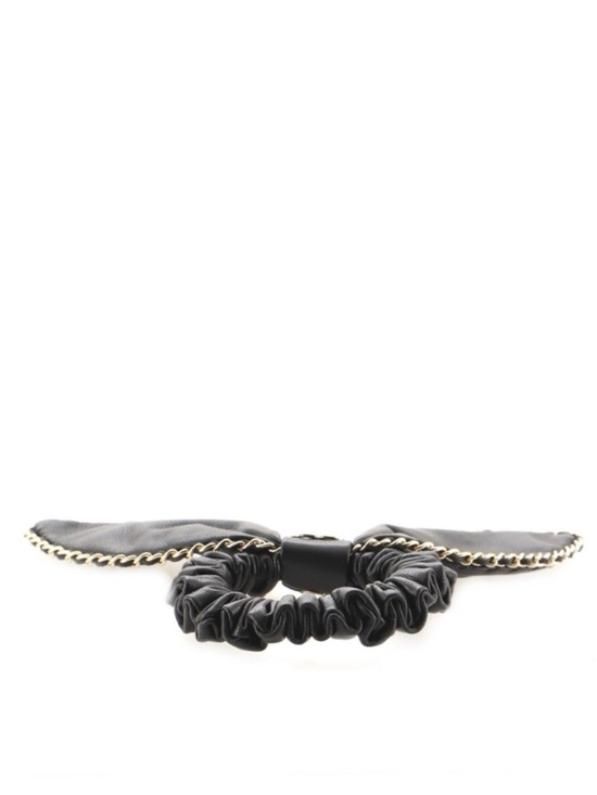 ? ChaneI Black Gold Chain Leather Bow Hair Scrunchie Pull Back Accessory 90s
